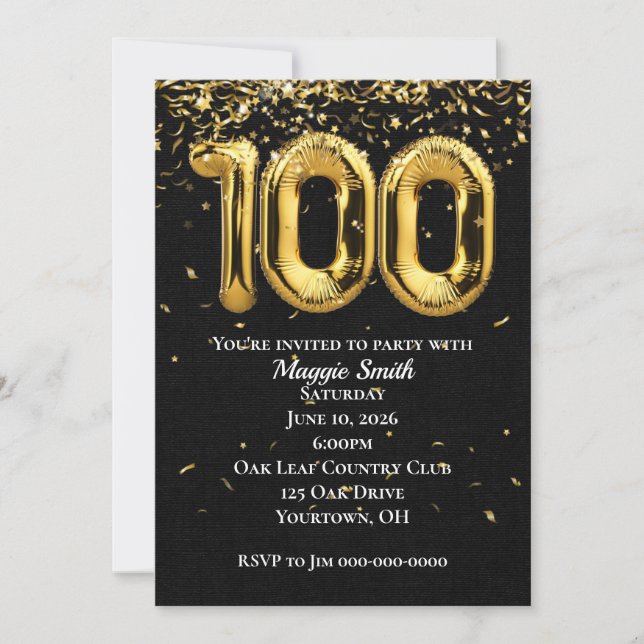 100th Gold Birthday Balloons and Confetti Invitation (Front)