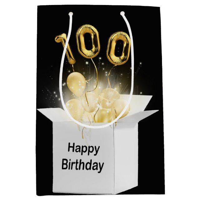 100th Gold Birthday Balloons in White Box Medium Gift Bag (Front)