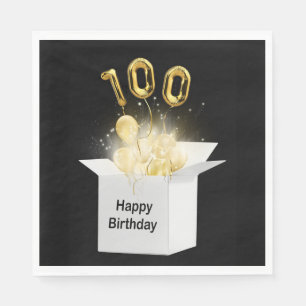 100th Gold Birthday Balloons in White Box Napkin