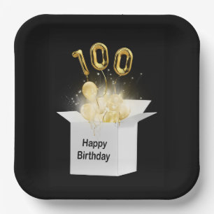 100th Gold Birthday Balloons in White Box   Paper Plate