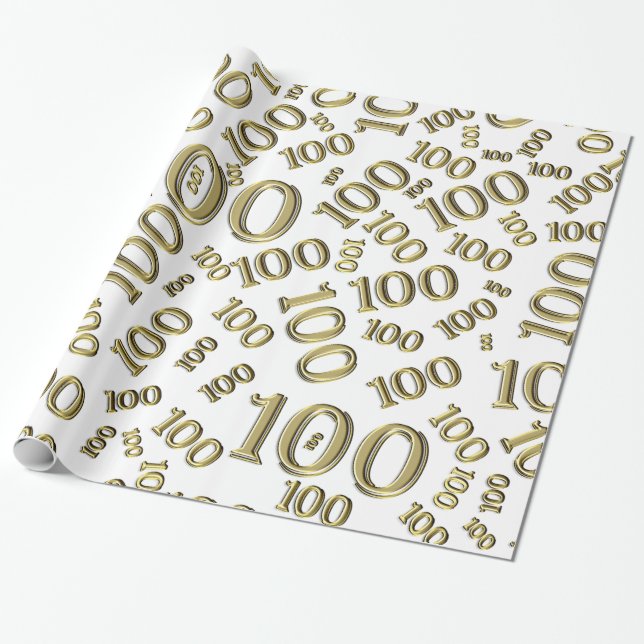 100th Gold/White Random Number Pattern Large Wrapping Paper (Unrolled)