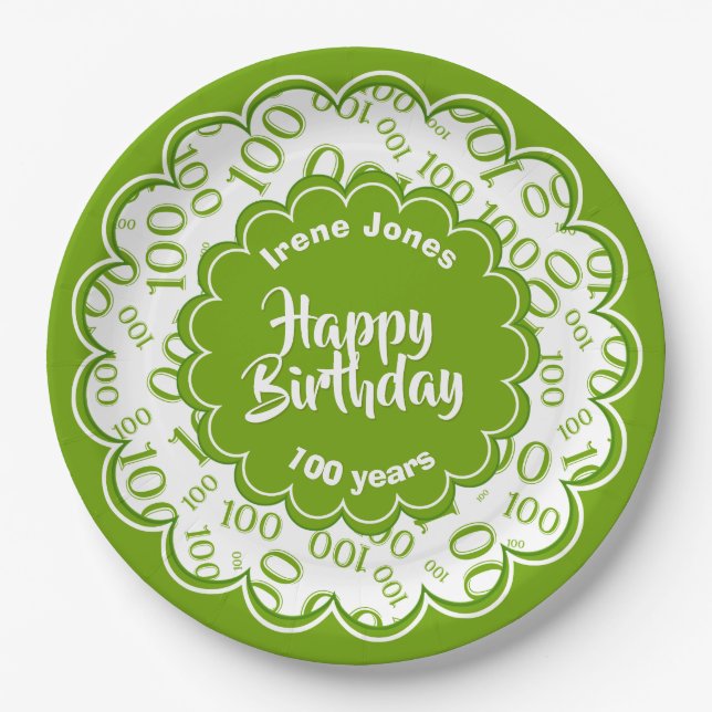 100th Green/White Random Number Pattern Paper Plate (Front)