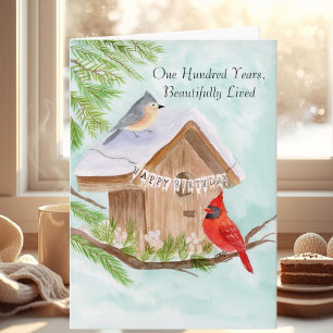 100th Happy Birthday Birds at Birdhouse Card