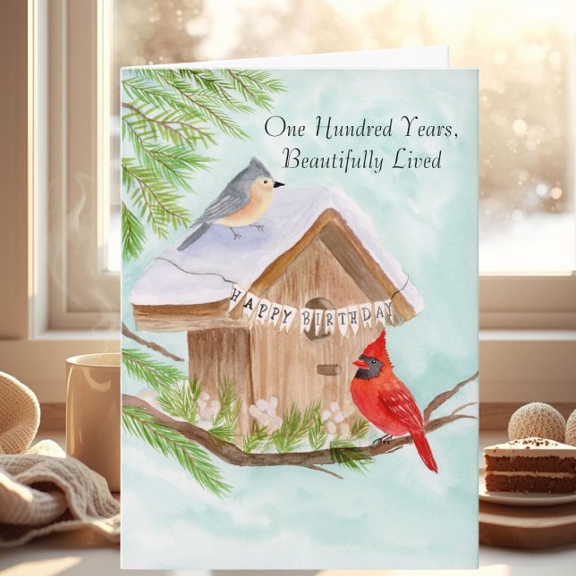 100th Happy Birthday Birds at Birdhouse Card (Creator Uploaded)