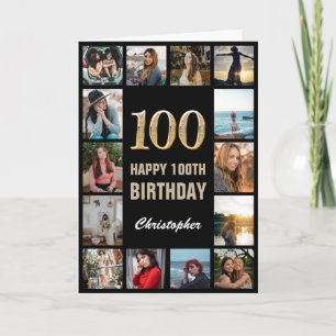 100th Happy Birthday Black and Gold Photo Collage Card