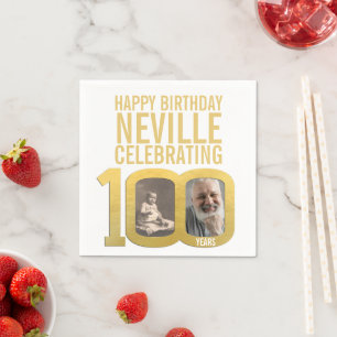 100th happy birthday gold white custom photo napkin