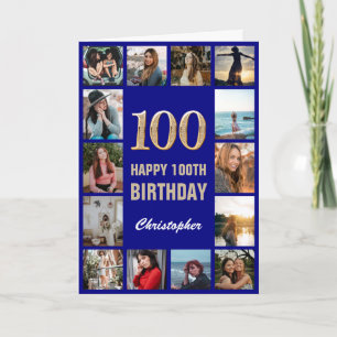 100th Happy Birthday Navy Blue Gold Photo Collage Card
