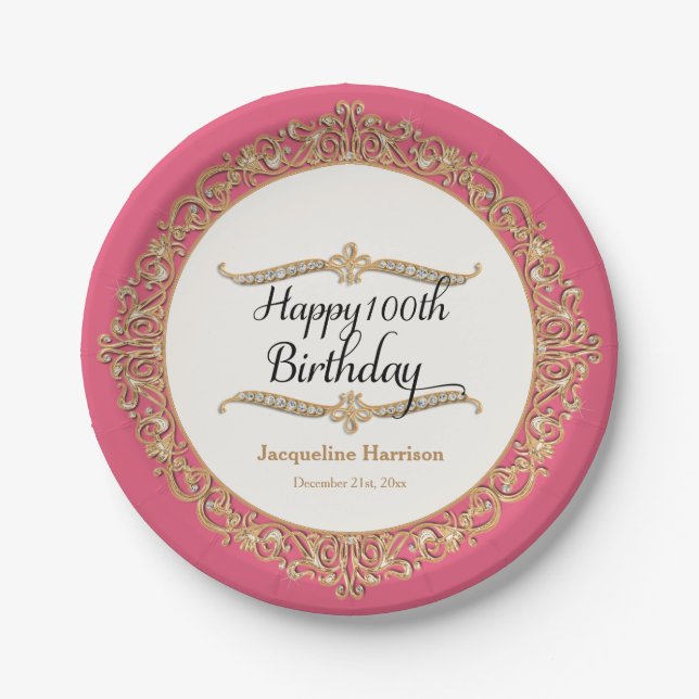 100th Happy Birthday Party Celebration Jewel Look Paper Plate (Front)