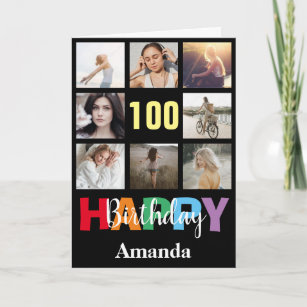 100th Happy Birthday Photo Collage Modern Black Card