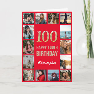 100th Happy Birthday Red and Gold Photo Collage  Card