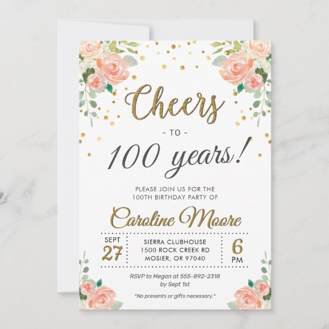 100th Ladies Birthday Party Hundredth Floral Gold Invitation (Front)