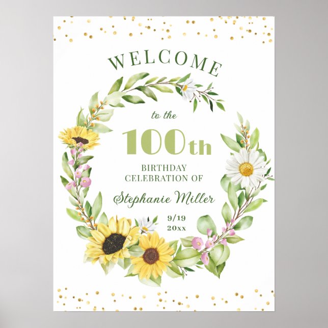 100th Ladies Birthday Womens 100 Sunflower Welcome Poster (Front)