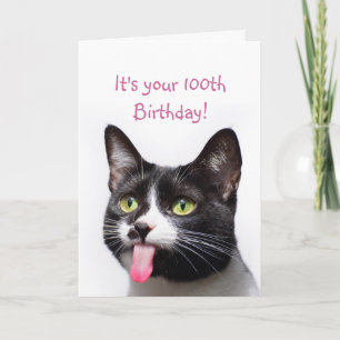 100th or Custom Year Birthday Cat Tongue Funny Card
