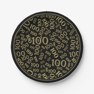 100th Party Random Number Pattern Black/Gold Paper Plate
