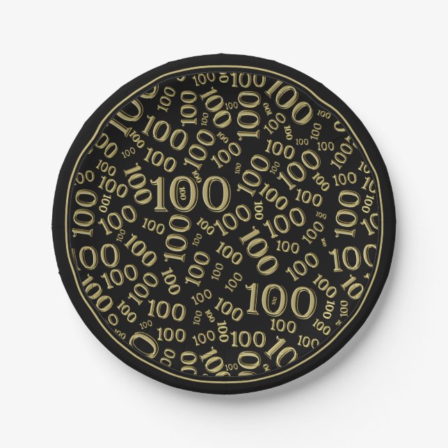 100th Party Random Number Pattern Black/Gold Paper Plate (Front)
