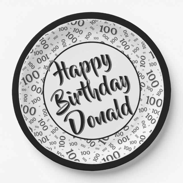 100th Party Random Number Pattern Black/White Paper Plate (Front)