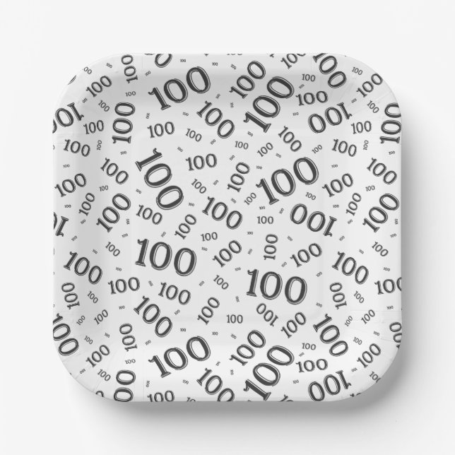100th Party Random Number Pattern Black/White Paper Plate (Front)