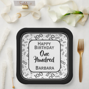100th Party Random Number Pattern Black/White Paper Plate