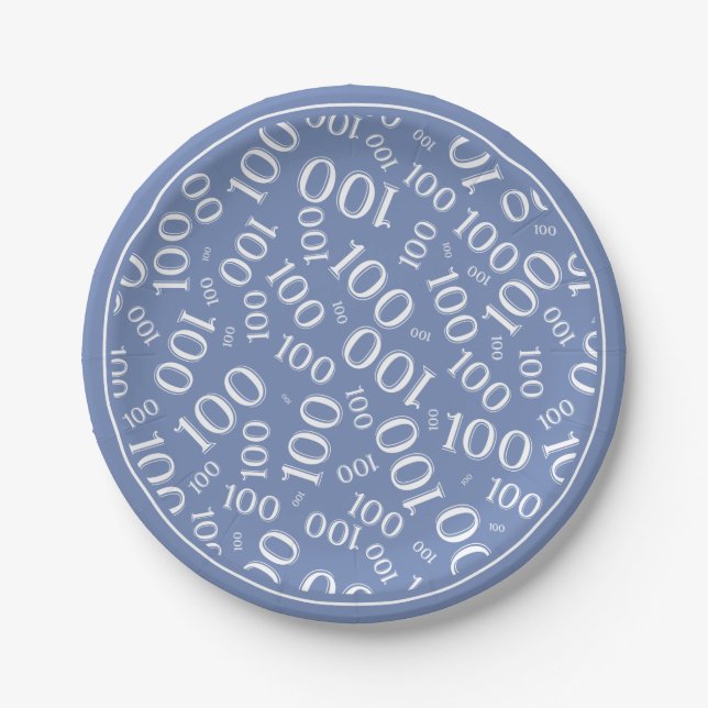 100th Party Random Number Pattern Blue/White Paper Plate (Front)