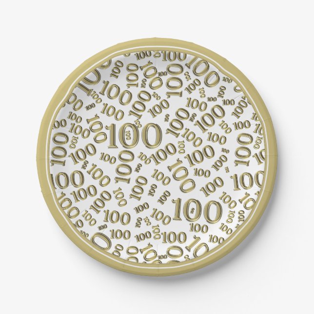 100th Party Random Number Pattern Gold/White Paper Plate (Front)