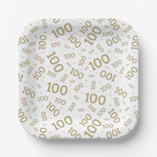 100th Party Random Number Pattern Gold/White Paper Plate (Front)