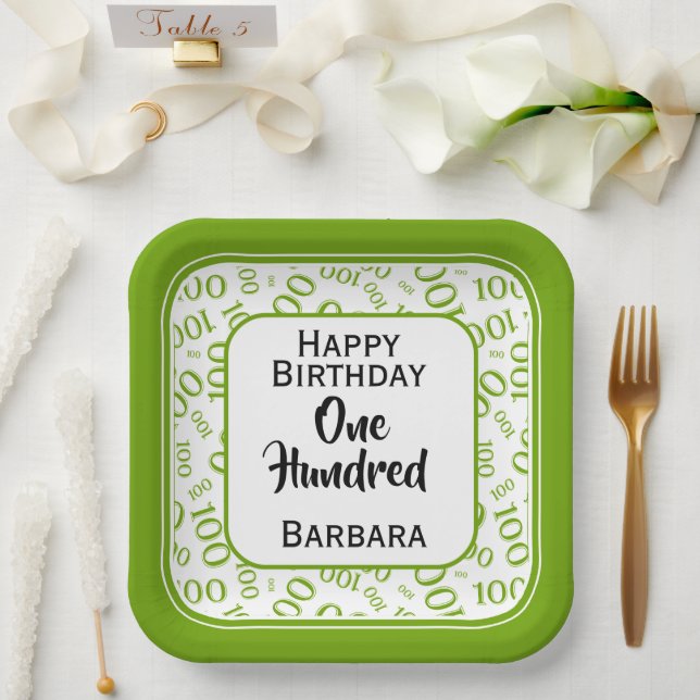 100th Party Random Number Pattern Green/White Paper Plate (Wedding)