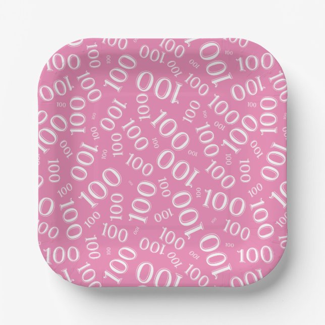 100th Party Random Number Pattern Pink/White Paper Plate (Front)