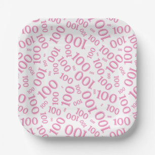 100th Party Random Number Pattern Pink/White Paper Plate