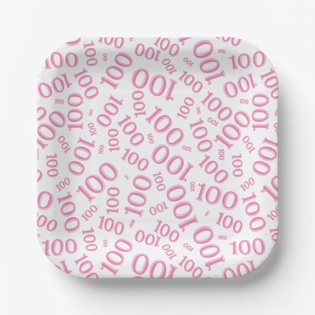 100th Party Random Number Pattern Pink/White Paper Plate (Front)