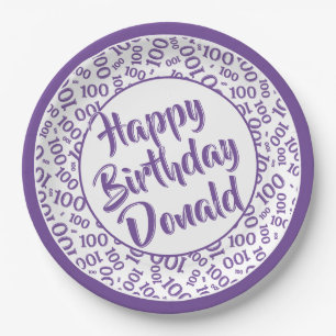 100th Party Random Number Pattern Purple/White Paper Plate