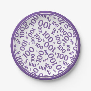 100th Party Random Number Pattern Purple/White Paper Plate