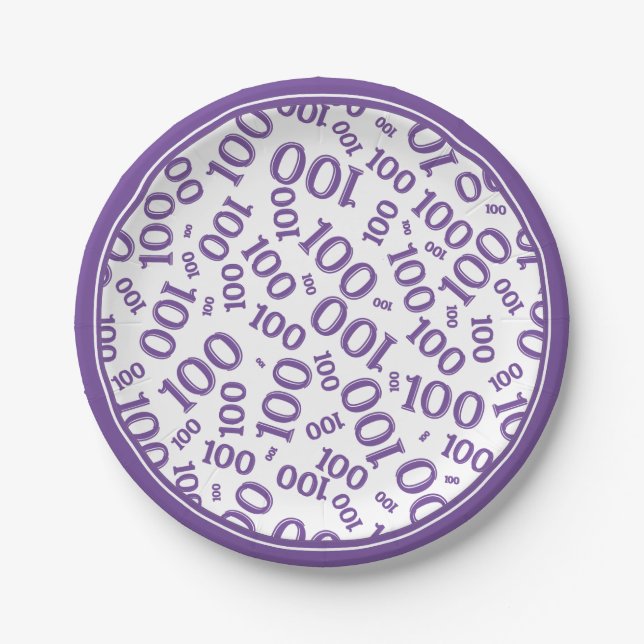 100th Party Random Number Pattern Purple/White Paper Plate (Front)