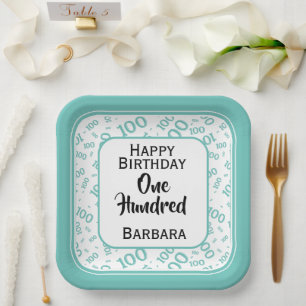 100th Party Random Number Pattern Teal/White Paper Plate