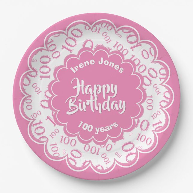 100th Pink/White Random Number Pattern Paper Plate (Front)