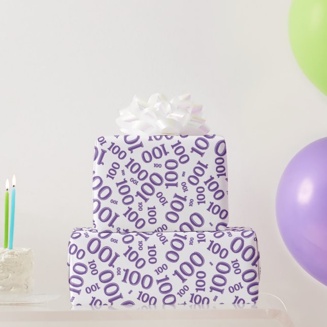 100th Purple/White Random Number Pattern Medium Wrapping Paper (Party Gifts)