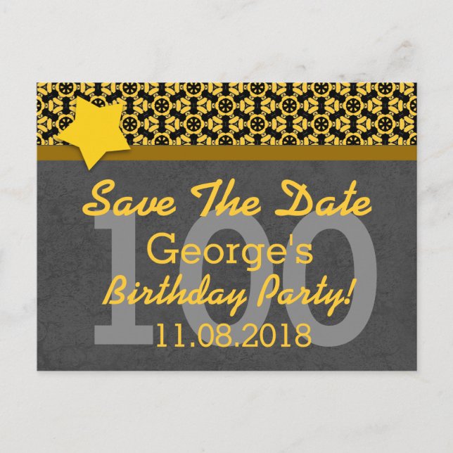 100th Save the Date Dark Grey Gold STARS G80D Announcement Postcard (Front)