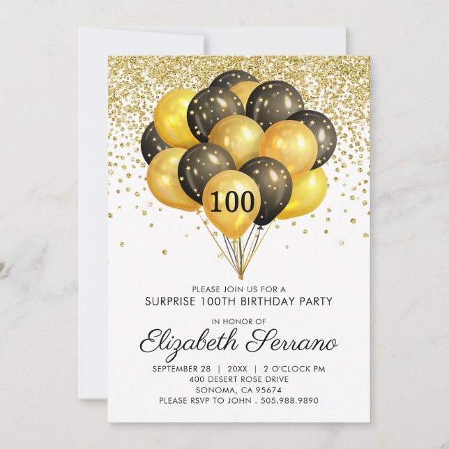 100th Surprise Birthday Party Black Gold Glitter Invitation (Front)