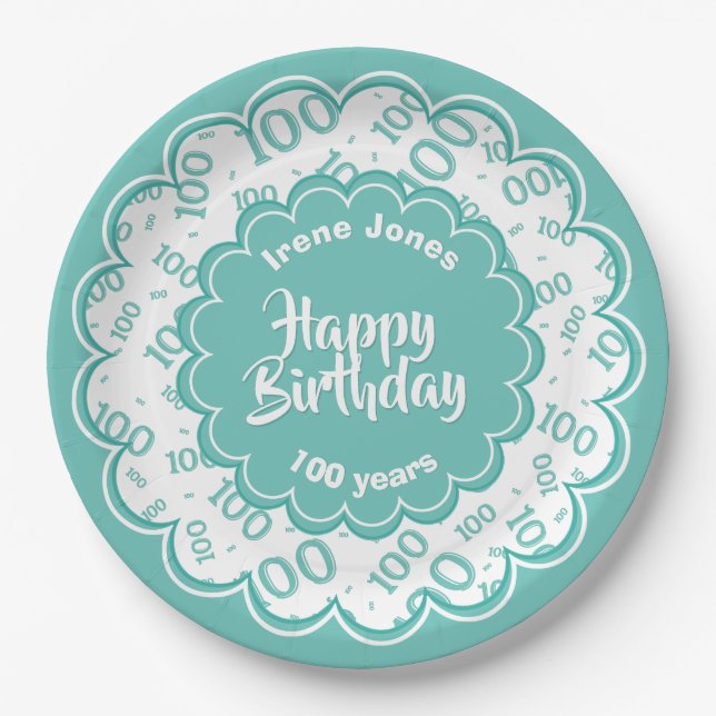 100th Teal/White Random Number Pattern Paper Plate (Front)