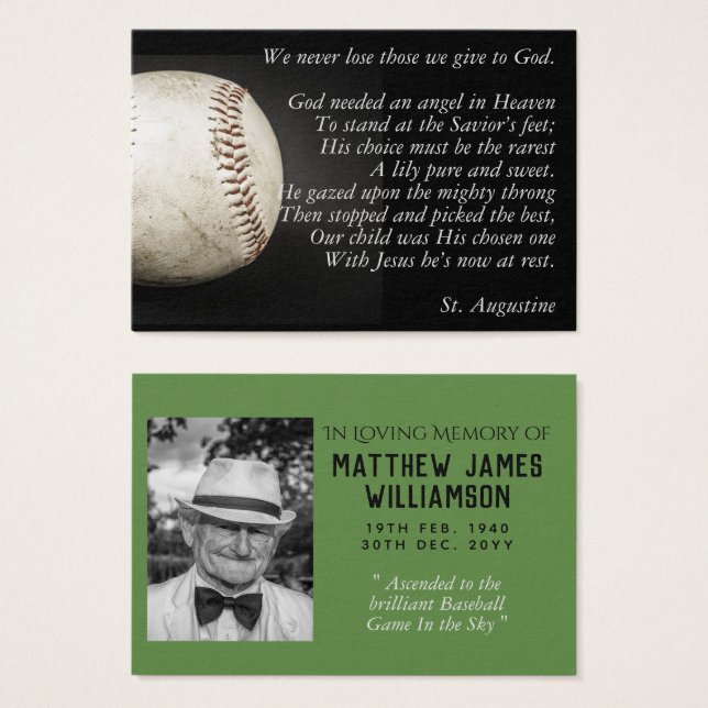 100x BASEBALL Memorial Prayer Card Photo and Verse (Front & Back)