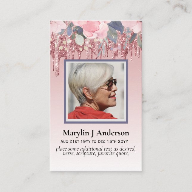 100x Budget Pink Floral Photo Memorial Prayer Busi Business Card (Front)