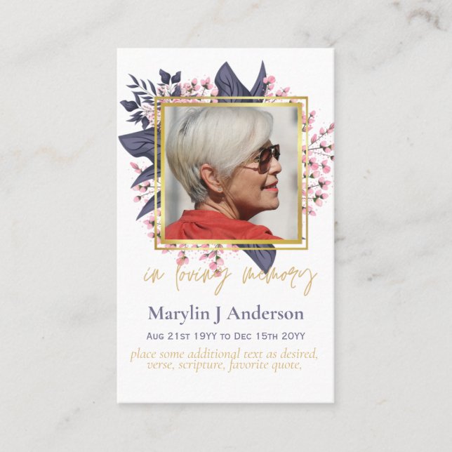 100x Budget Pink Floral Photo Memorial Prayer      Business Card (Front)
