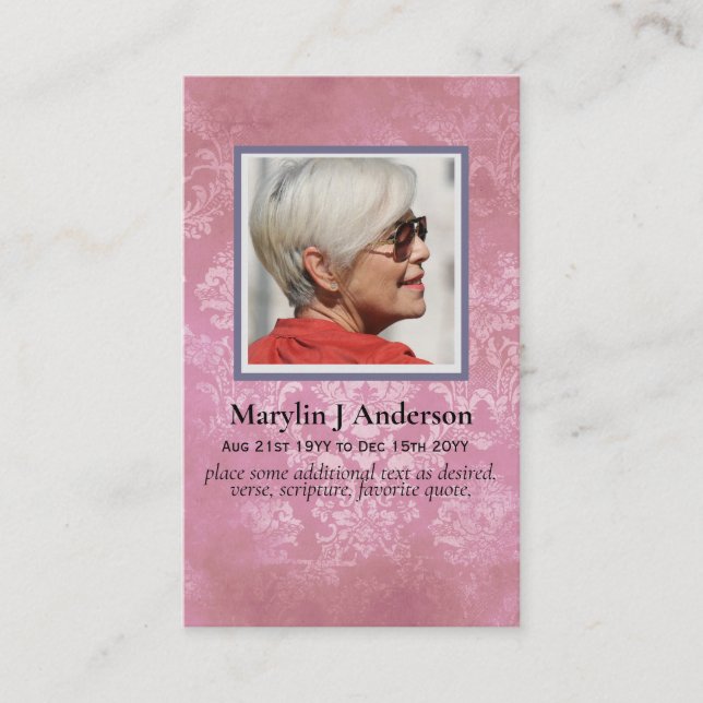 100x Elegant Pink Damask PHOTO Prayer Memorial  Business Card (Front)