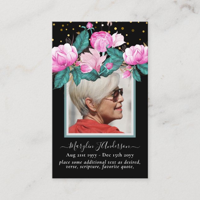 100x Pink Black Floral PHOTO Prayer Memorial Card (Front)
