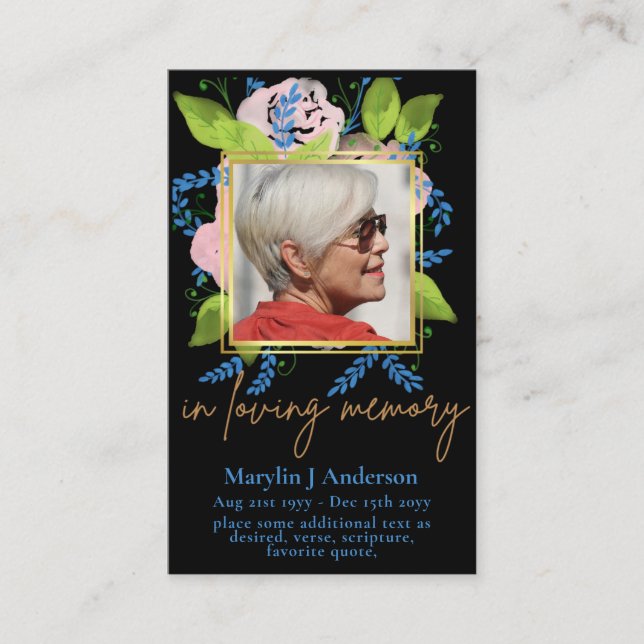 100x Pretty Blue Floral PHOTO Prayer Memorial Card (Front)