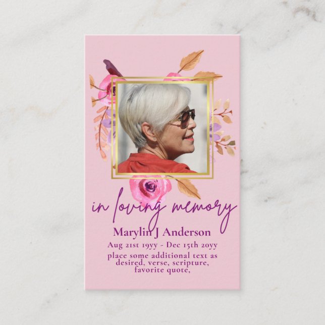 100x Pretty Floral PHOTO Prayer Memorial Card (Front)