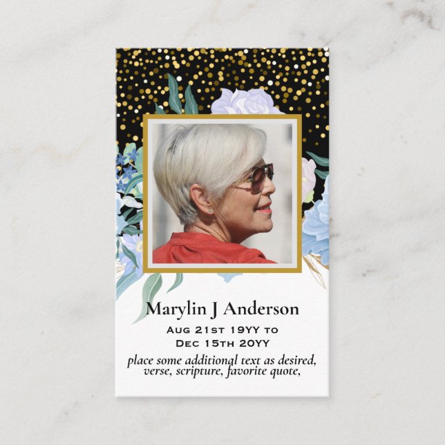 100x Rustic Blue Flora  PHOTO Prayer Memorial Card (Front)