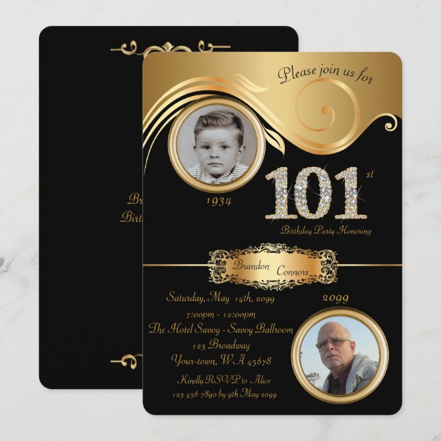 101st,Birthday Man 101st,elegant art deco,black Invitation (Front/Back)