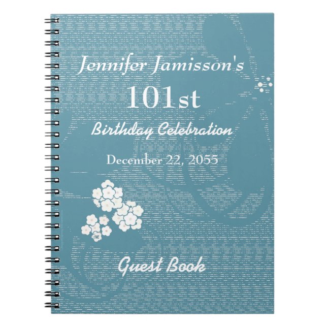 101st Birthday Party Guest Book Blue, White Floral (Front)