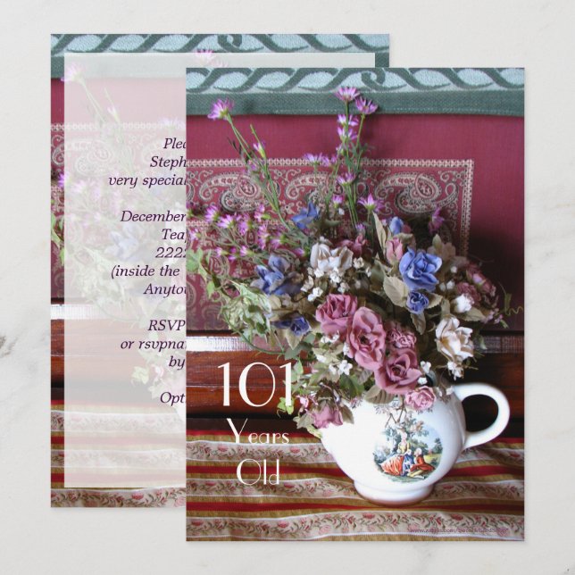 101st Birthday Party Invitation, Vintage Teapot Invitation (Front/Back)
