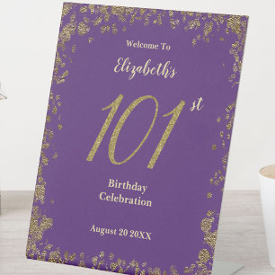 101st Birthday Party Purple Gold Welcome Sign
